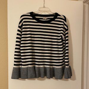 Ladies small black and white striped sweater with ruffle sleeves & bottom